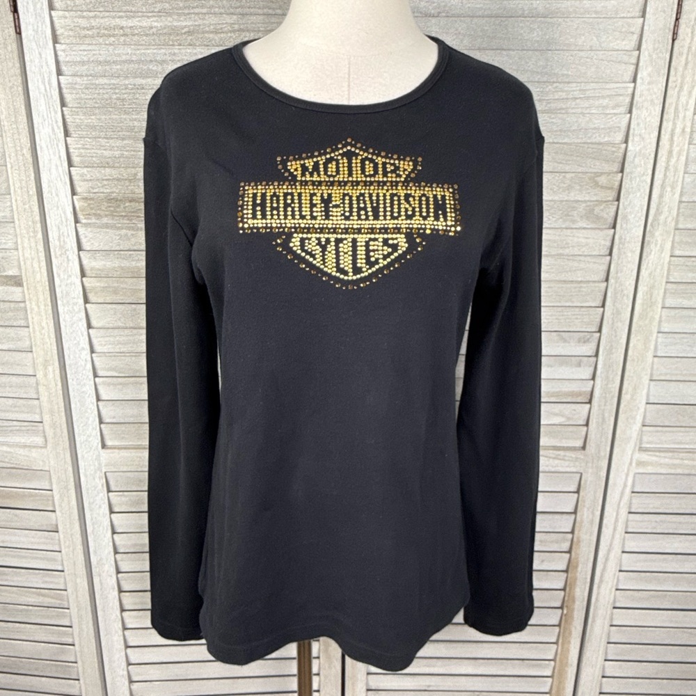 HARLEY DAVIDSON Women's Black Long Sleeve Tee w Gold Bead/Rhinestone Graphic-XL